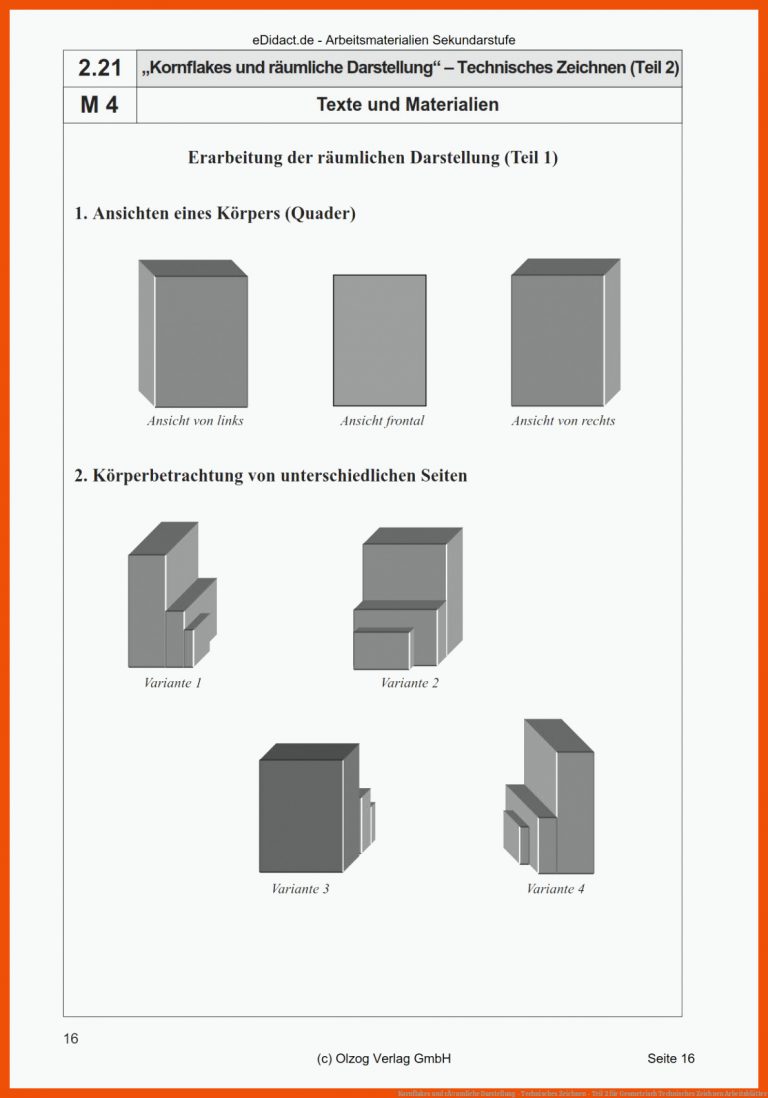 Kornflakes Und RÃ¤umliche Darstellung - Technisches Zeichnen - Teil 2 Fuer Geometrisch Technisches Zeichnen Arbeitsblätter