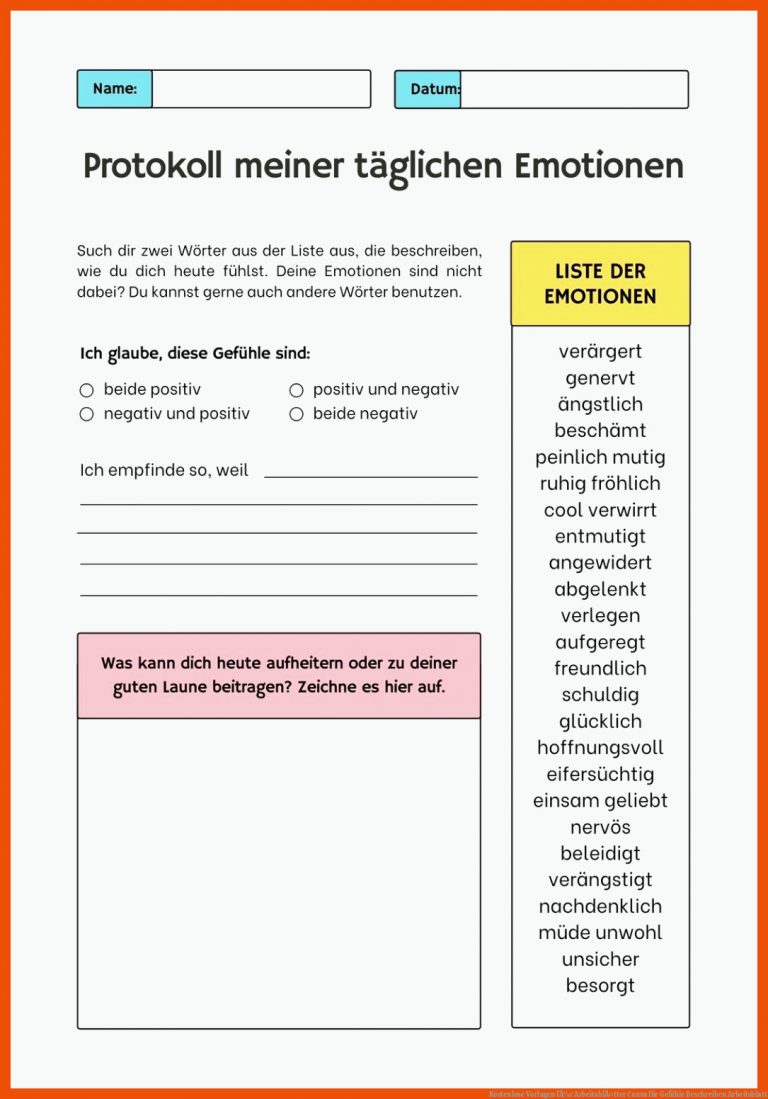 Kostenlose Vorlagen FÃ¼r ArbeitsblÃ¤tter Canva Fuer Gefühle Beschreiben Arbeitsblatt