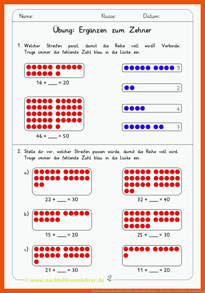 Kostenloses Arbeitsblatt | ErgÃ¤nzen zum Zehner ... für zehner und einer arbeitsblatt