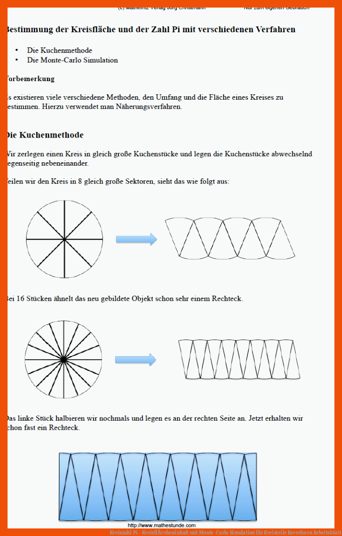 Kreiszahl Pi - KreisflÃ¤cheninhalt mit Monte-Carlo Simulation für kreisteile berechnen arbeitsblatt