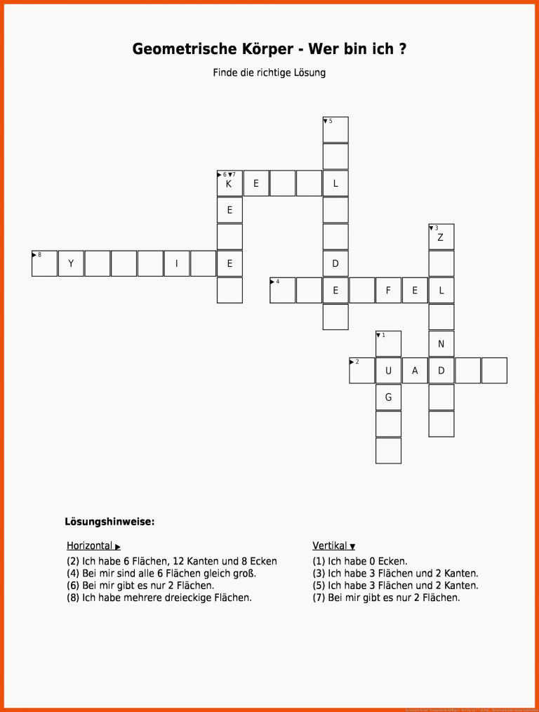 KreuzwortrÃ¤tsel "geometrische KÃ¶rper - Wer Bin Ich ? " Als Pdf ... Fuer Geometrische Körper Arbeitsblatt