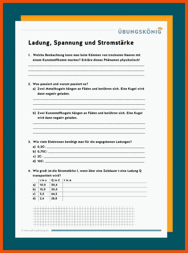 Ladung, Spannung und StromstÃ¤rke für die elektrische stromstärke arbeitsblatt lösungen