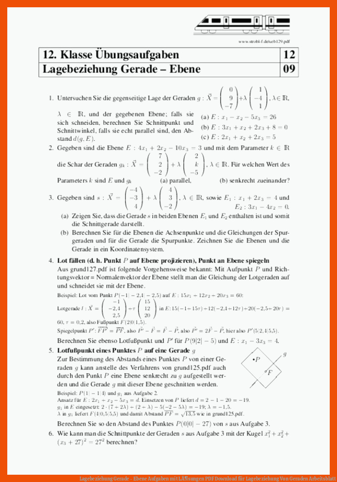 Lagebeziehung Gerade - Ebene Aufgaben mit LÃ¶sungen | PDF Download für lagebeziehung von geraden arbeitsblatt