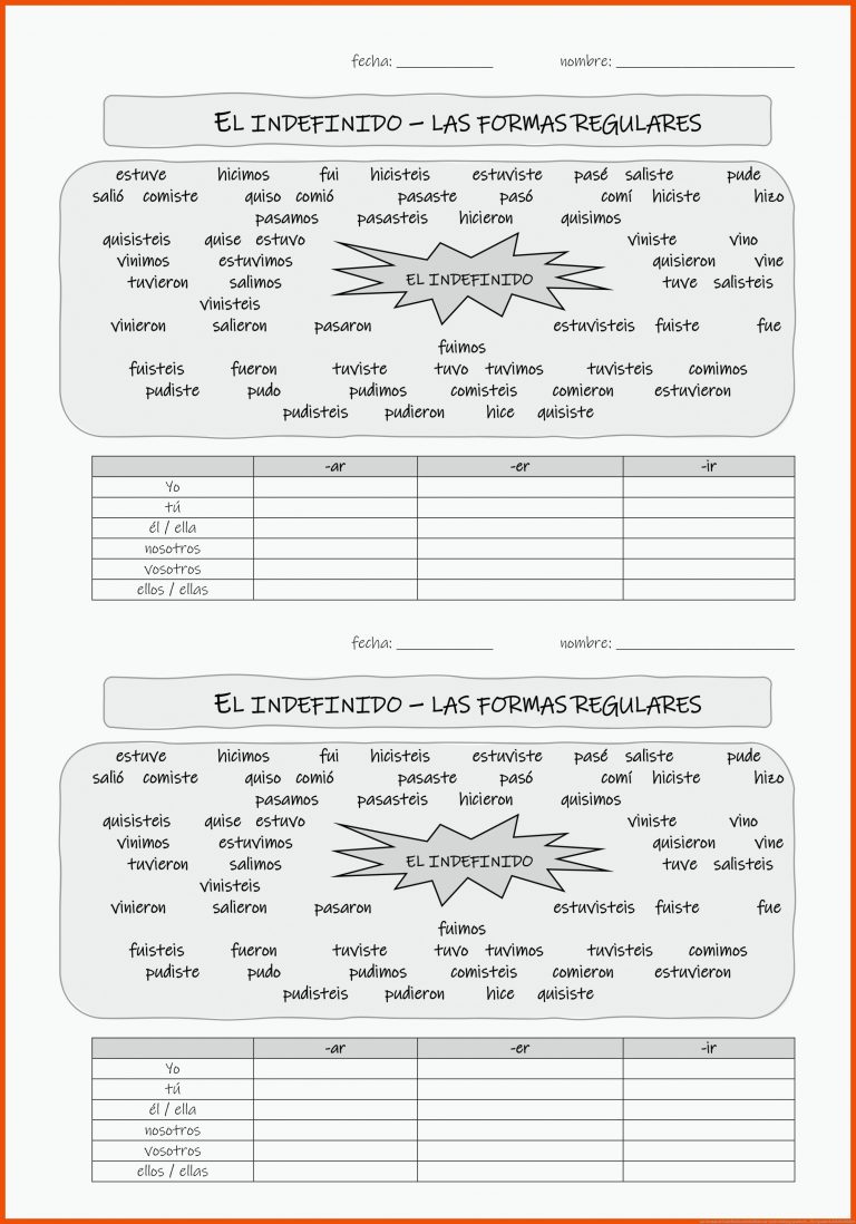 Las formas del indefinido arbeitsblatt zur wiederholung spanisch ... für spanisch arbeitsblätter