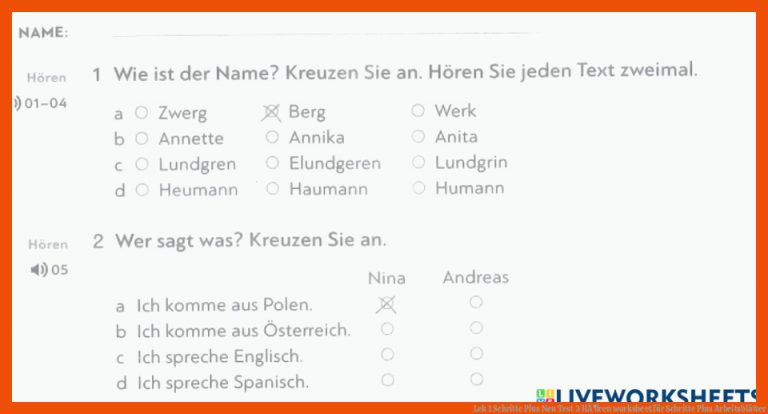 Lek 1 Schritte Plus Neu Test 3 HÃ¶ren worksheet für schritte plus arbeitsblätter