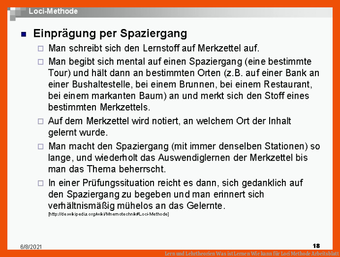 Lern und Lehrtheorien Was ist Lernen Wie kann für loci methode arbeitsblatt