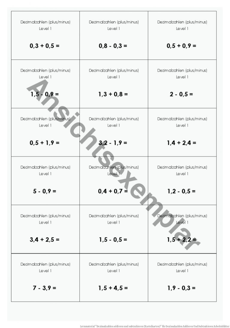 Lernmaterial "dezimalzahlen Addieren Und Subtrahieren (karteikarten)" Fuer Dezimalzahlen Addieren Und Subtrahieren Arbeitsblätter