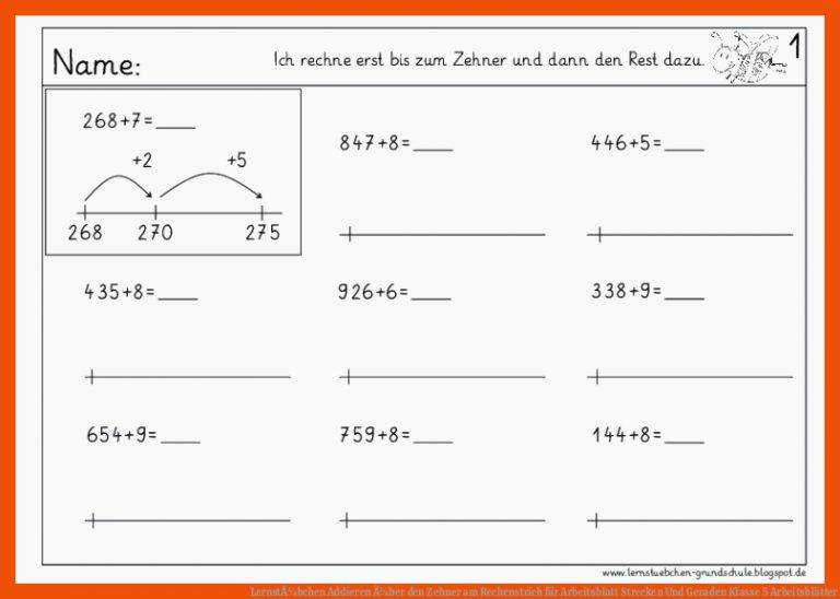 LernstÃ¼bchen | Addieren Ã¼ber den Zehner am Rechenstrich für arbeitsblatt strecken und geraden klasse 5 arbeitsblätter