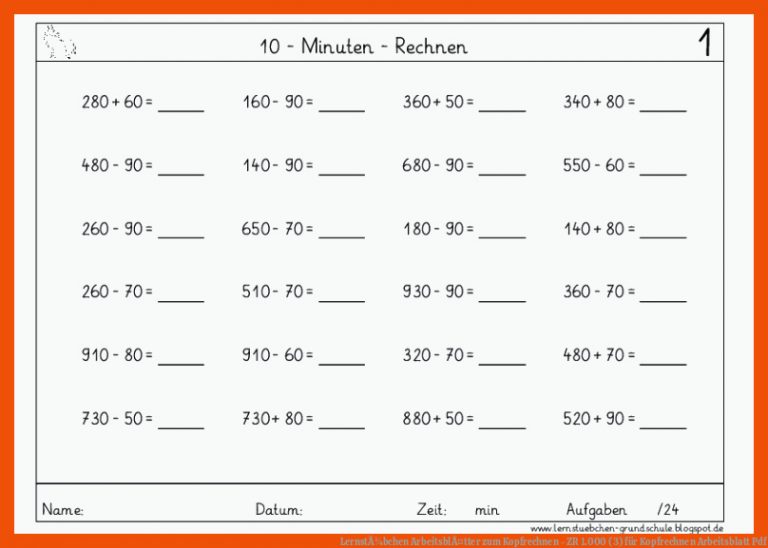 LernstÃ¼bchen | ArbeitsblÃ¤tter zum Kopfrechnen - ZR 1.000 (3) für kopfrechnen arbeitsblatt pdf