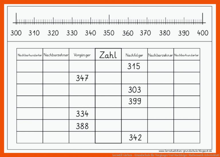 LernstÃ¼bchen - Grundschule Fuer Vorgänger Und Nachfolger Mathematik Arbeitsblatt