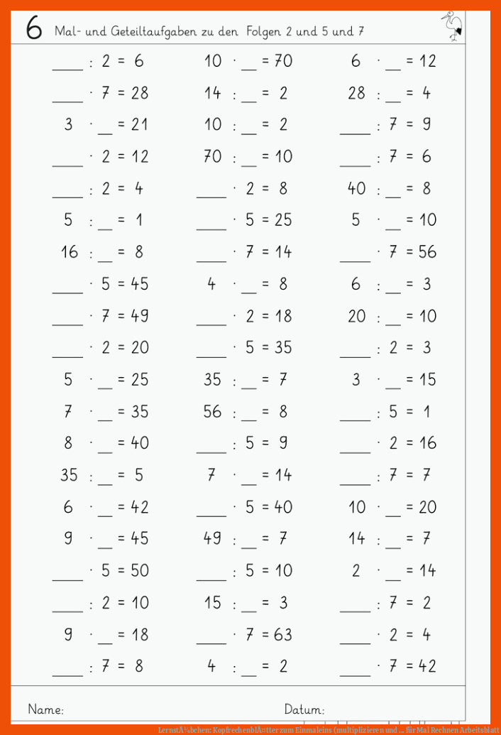 LernstÃ¼bchen: KopfrechenblÃ¤tter zum Einmaleins (multiplizieren und ... für mal rechnen arbeitsblatt