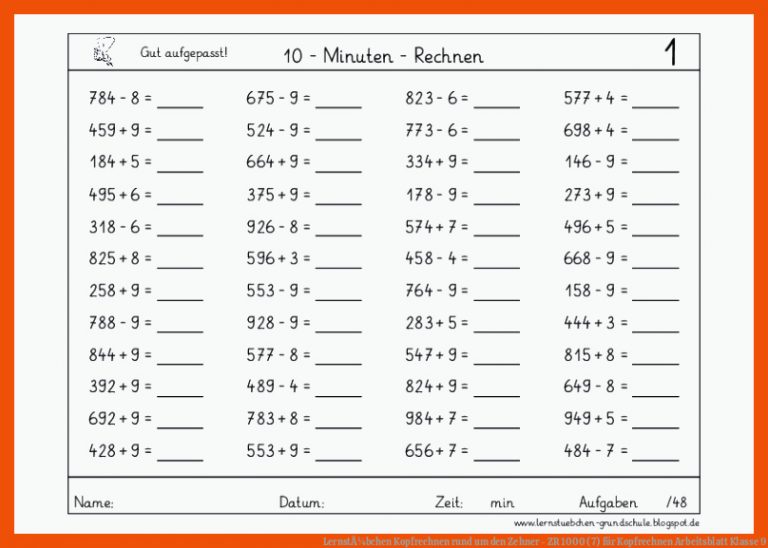 LernstÃ¼bchen Kopfrechnen Rund Um Den Zehner - Zr 1000 (7) Fuer Kopfrechnen Arbeitsblatt Klasse 9