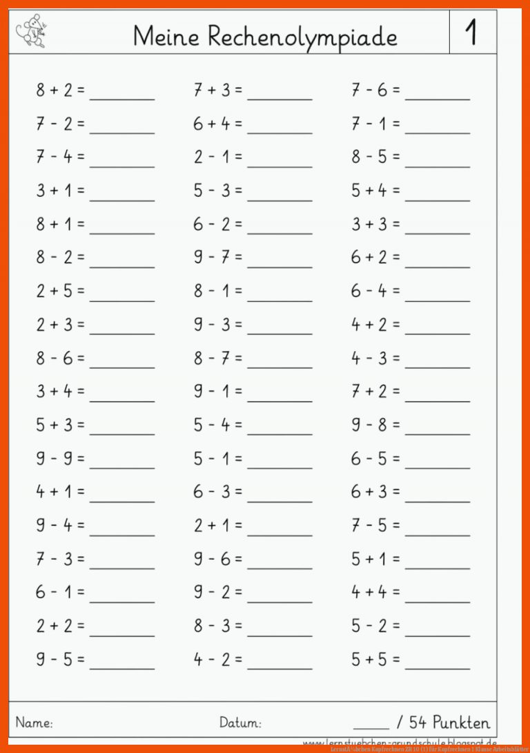 LernstÃ¼bchen | Kopfrechnen ZR 10 (1) für kopfrechnen 1 klasse arbeitsblätter