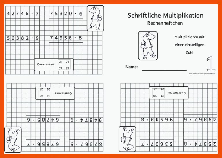 LernstÃ¼bchen | Rechenheftchen schriftliche Multiplikation (2) für schriftlich multiplizieren mathe arbeitsblätter klasse 4 zum ausdrucken