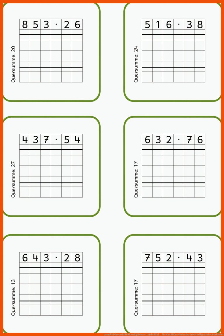 LernstÃ¼bchen: schriftlich multiplizieren (1) | Schriftlich ... für schriftliche division durch dreistellige zahlen arbeitsblatt