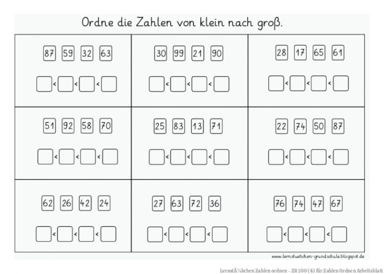 LernstÃ¼bchen | Zahlen ordnen - ZR 100 (4) für Zahlen ordnen Arbeitsblatt