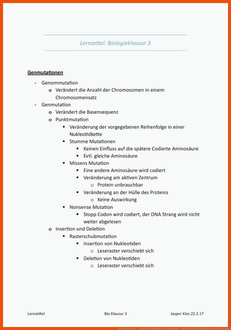 Lernzettel Klausur 1 - Lernzettel: Biologieklausur 3 Genmutationen ... Fuer Mutation Und Modifikation Arbeitsblatt Lösungen