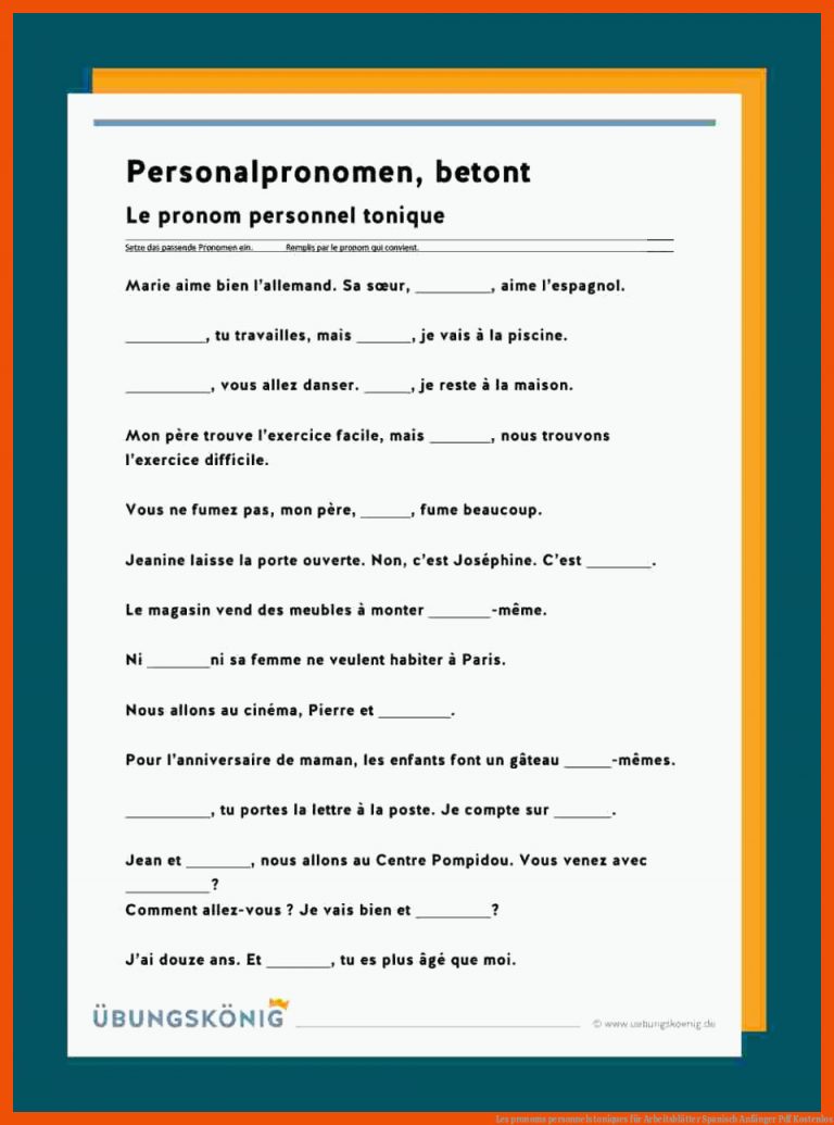 Les pronoms personnels toniques für arbeitsblätter spanisch anfänger pdf kostenlos