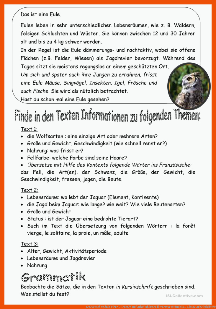 LeseverstÃ¤ndnis Tiere - Deutsch Daf Arbeitsblatter für textverständnis 5 klasse arbeitsblätter