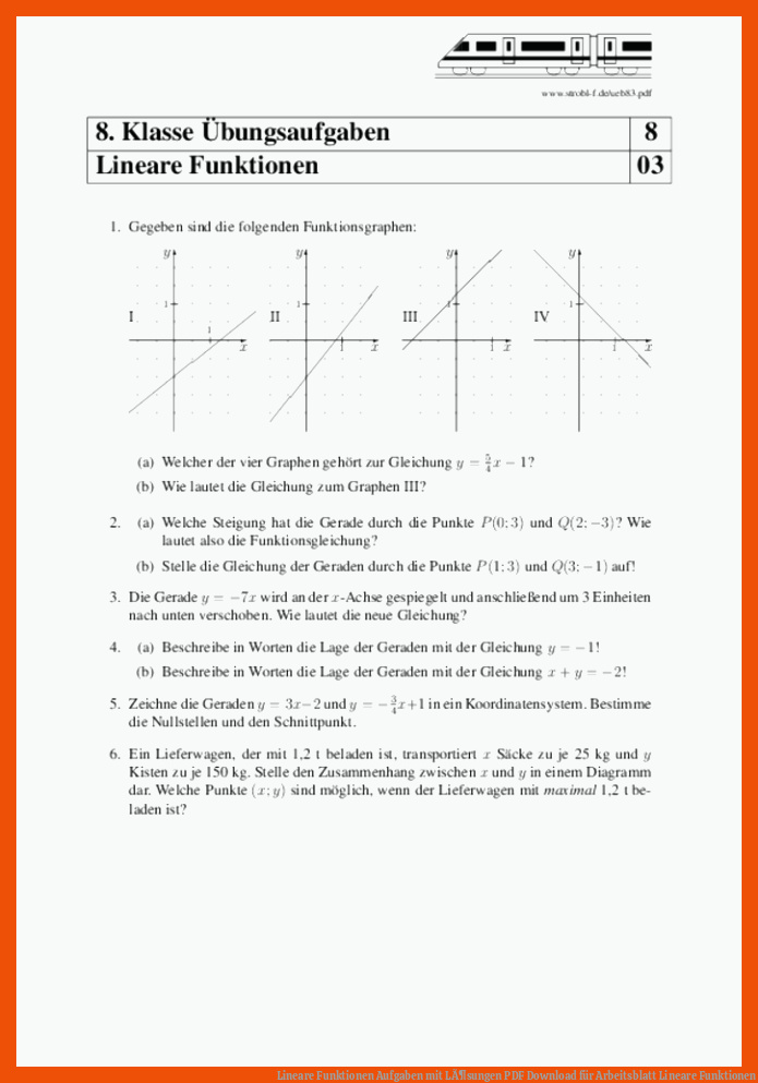 Lineare Funktionen Aufgaben mit LÃ¶sungen | PDF Download für arbeitsblatt lineare funktionen