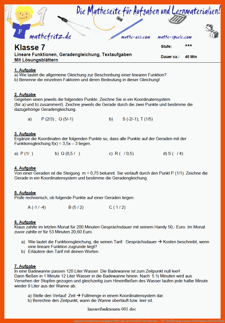 Lineare Funktionen Aufgaben PDF: alle ArbeitsblÃ¤tter lineare ... für einführung lineare funktionen arbeitsblatt
