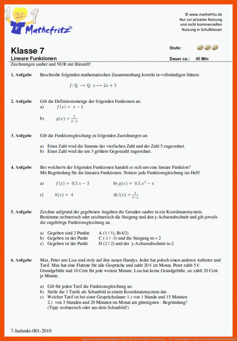 Lineare Funktionen Aufgaben PDF: alle ArbeitsblÃ¤tter lineare ... für textaufgaben lineare funktionen arbeitsblatt