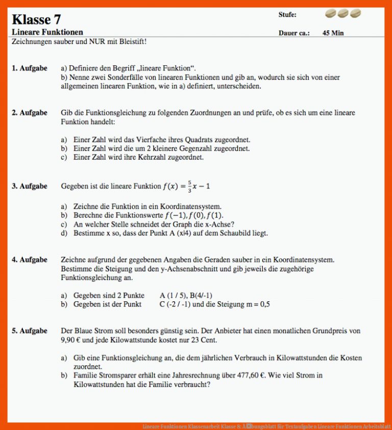 Lineare Funktionen Klassenarbeit Klasse 8: Ãbungsblatt für textaufgaben lineare funktionen arbeitsblatt