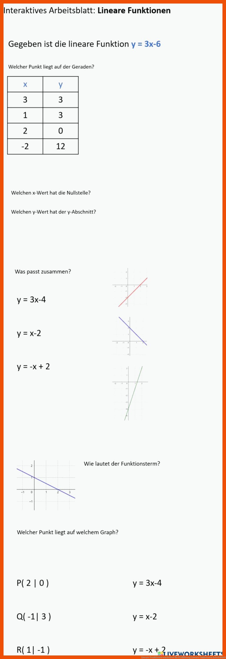 Lineare Funktionen worksheet für einführung lineare funktionen arbeitsblatt