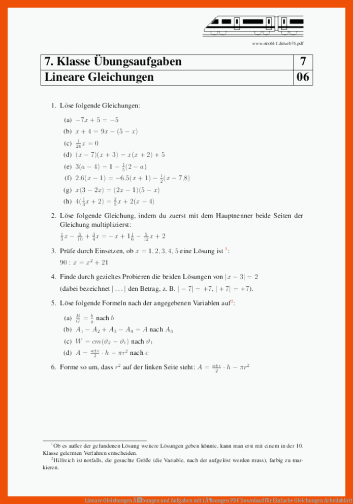 Lineare Gleichungen Ãbungen und Aufgaben mit LÃ¶sungen | PDF Download für einfache gleichungen arbeitsblatt