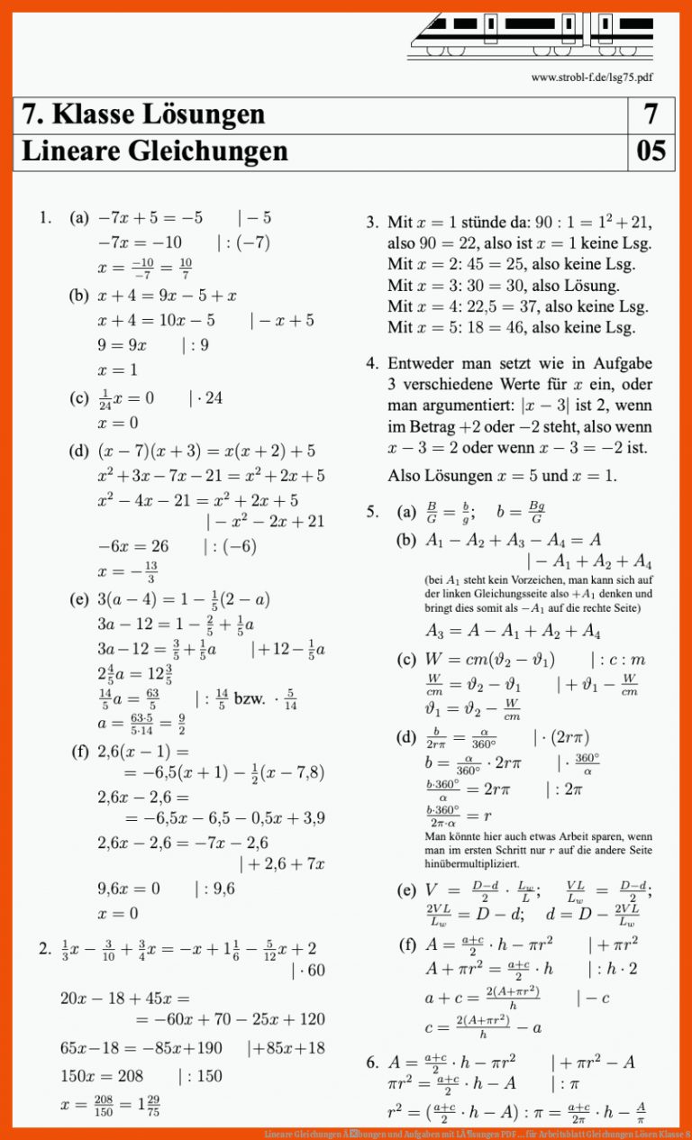 Lineare Gleichungen Ãbungen und Aufgaben mit LÃ¶sungen | PDF ... für arbeitsblatt gleichungen lösen klasse 8