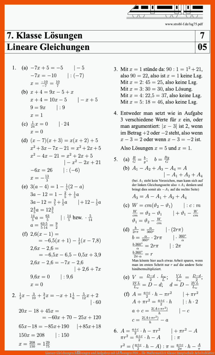 Lineare Gleichungen Ãbungen und Aufgaben mit LÃ¶sungen | PDF ... für mathematik 9 klasse hauptschule arbeitsblätter