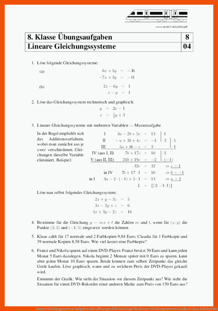 Lineare Gleichungssysteme Aufgaben mit LÃ¶sungen | PDF Download für lineare gleichungssysteme grafisch lösen arbeitsblatt