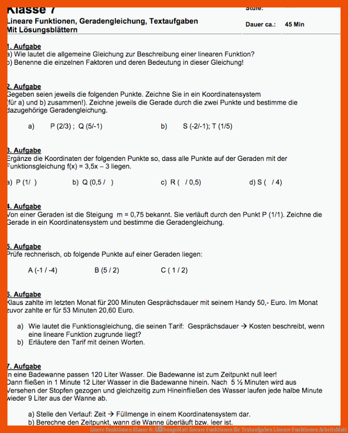 Linere Funktionen Klasse 8: Ãbungsblatt lineare Funktionen für textaufgaben lineare funktionen arbeitsblatt