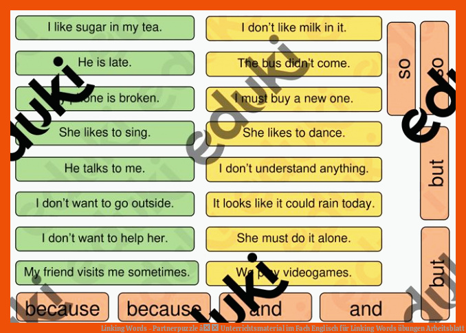 Linking Words - Partnerpuzzle â Unterrichtsmaterial im Fach Englisch für linking words übungen arbeitsblatt