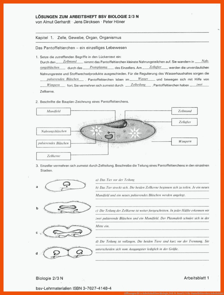 LÃ¶sungen fÃ¼r Arbeitsheft bsv Biologie,Teil: N. Band 2/3 für pantoffeltierchen arbeitsblatt