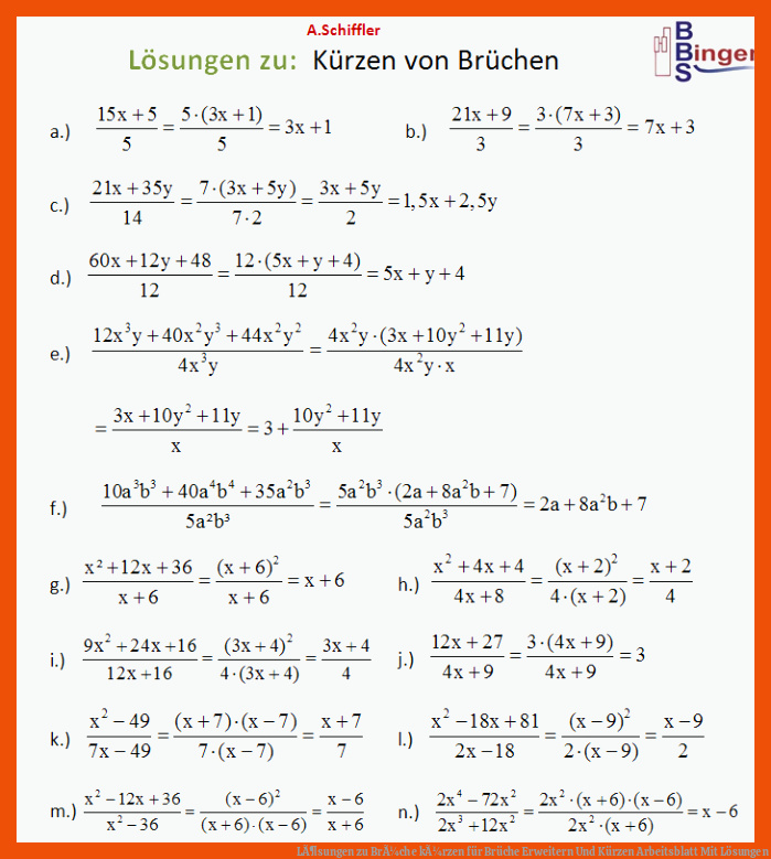 LÃ¶sungen zu BrÃ¼che kÃ¼rzen für brüche erweitern und kürzen arbeitsblatt mit lösungen