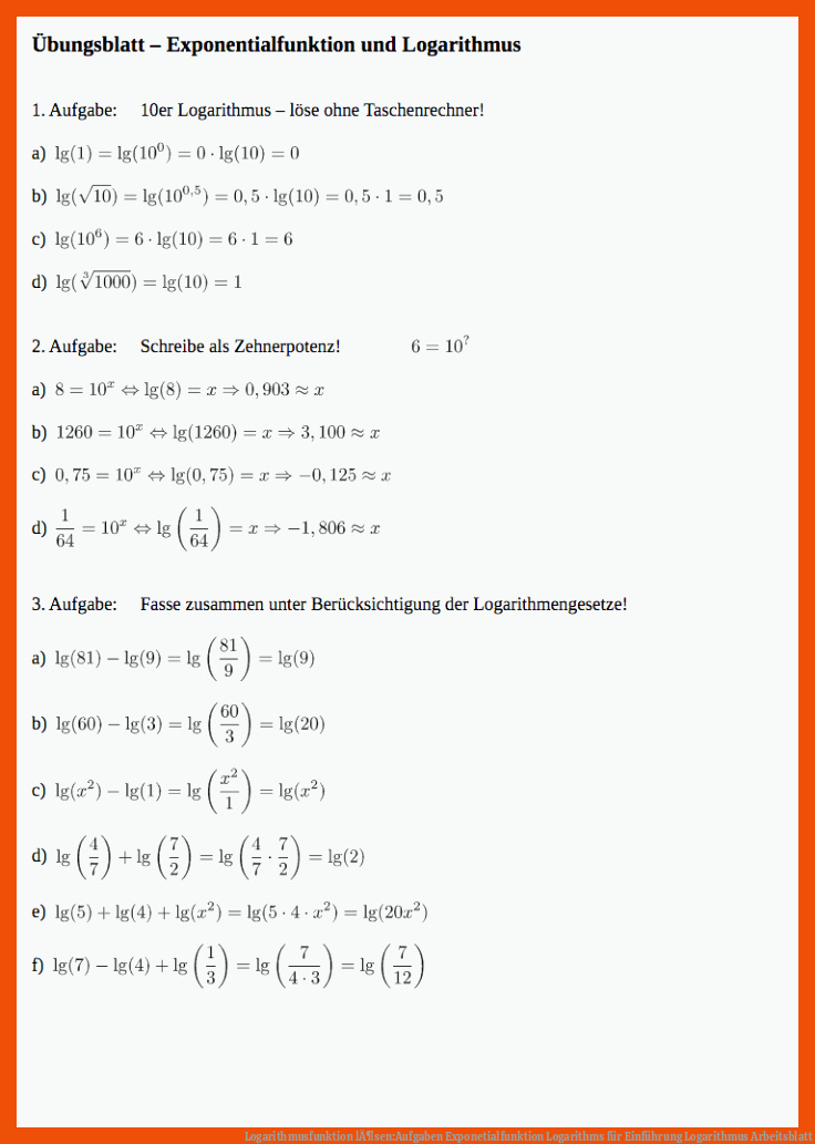 Logarithmusfunktion lÃ¶sen:Aufgaben Exponetialfunktion Logarithms für einführung logarithmus arbeitsblatt