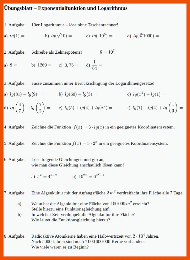 Logarithmusfunktion LÃ¶sen:aufgaben Exponetialfunktion Logarithms Fuer Einführung Logarithmus Arbeitsblatt
