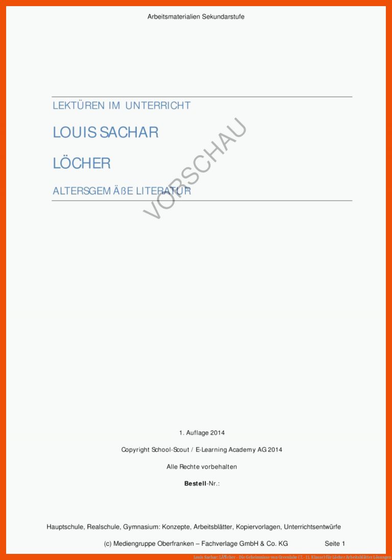 Louis Sachar: LÃ¶cher - Die Geheimnisse von Greenlake (7.-11. Klasse) für löcher arbeitsblätter lösungen
