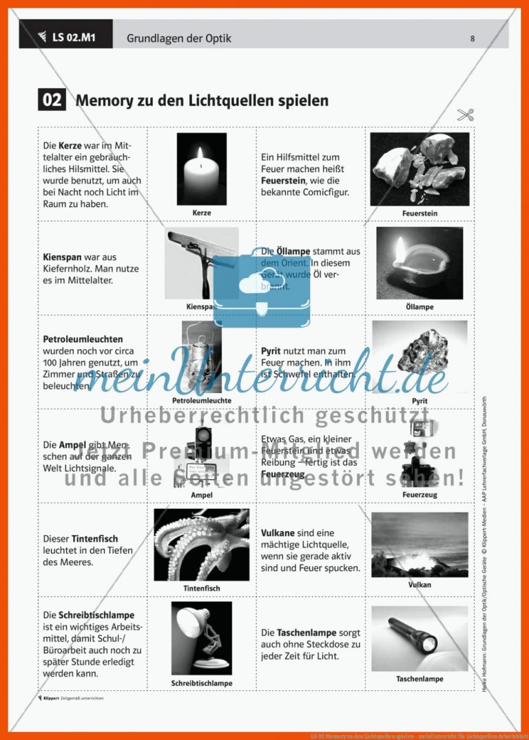 Ls 02 Memory Zu Den Lichtquellen Spielen - Meinunterricht Fuer Lichtquellen Arbeitsblatt