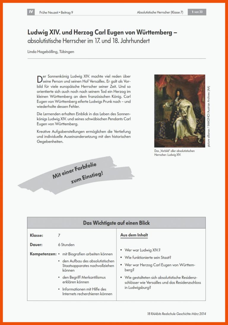 Ludwig XIV. und Herzog Carl Eugen von WÃ¼rttemberg für absolutismus ludwig xiv arbeitsblätter