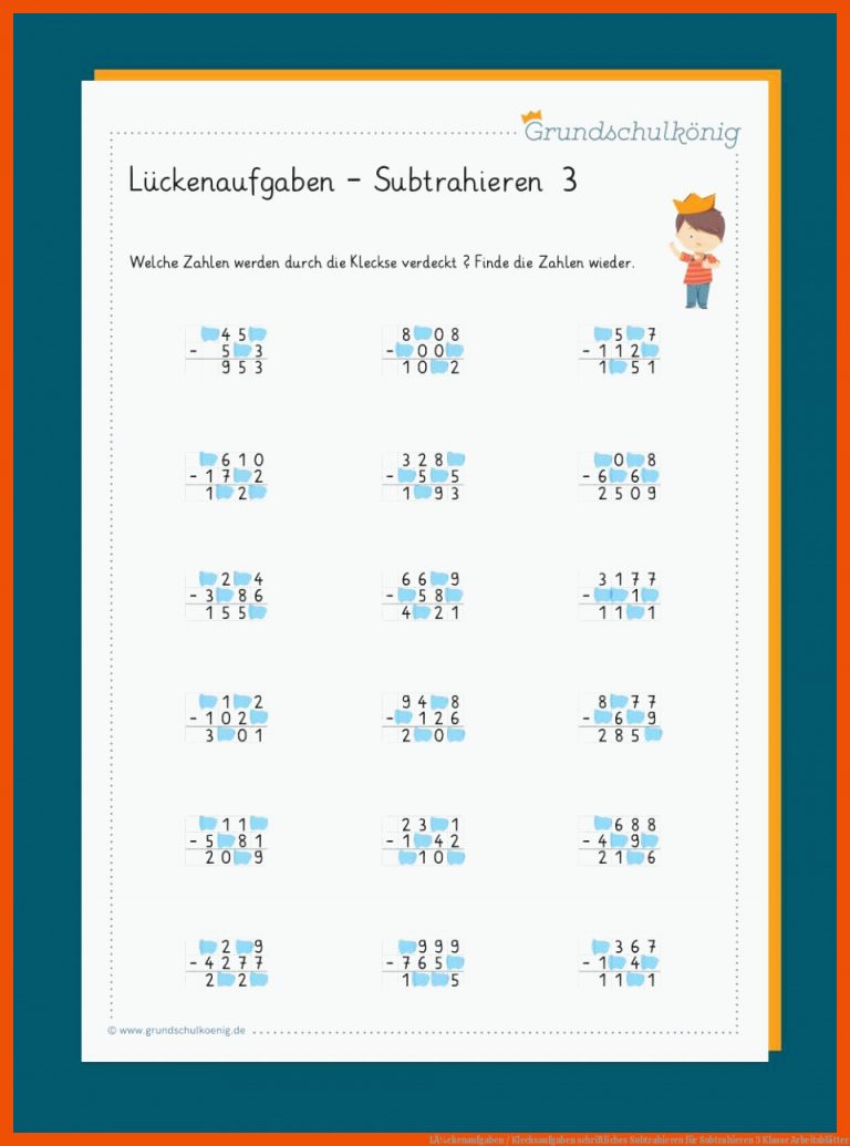 LÃ¼ckenaufgaben / Klecksaufgaben schriftliches Subtrahieren für subtrahieren 3 klasse arbeitsblätter