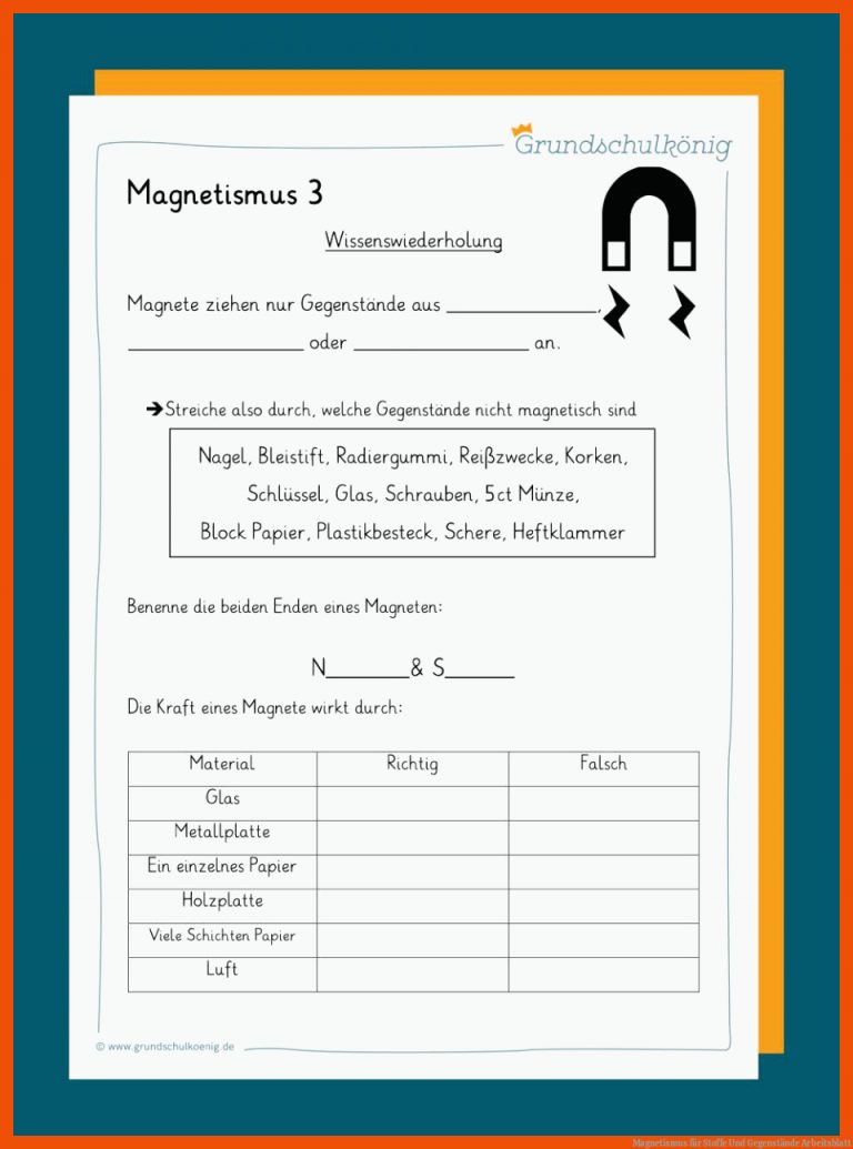 Magnetismus für stoffe und gegenstände arbeitsblatt