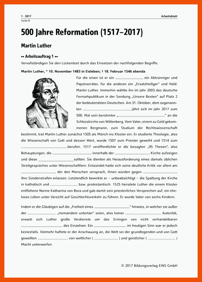 Martin Luther - Arbeitsblatt â Westermann für arbeitsblatt luther