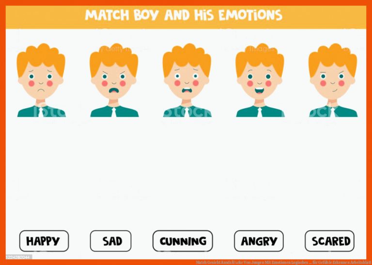 Match Gesicht AusdrÃ¼cke Von Jungen Mit Emotionen Logisches ... für gefühle erkennen arbeitsblatt