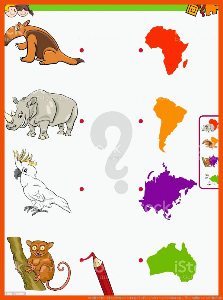 Match Tiere Und Kontinente Lernspiel FÃ¼r Kinder Stock Vektor Art ... für kontinente arbeitsblatt