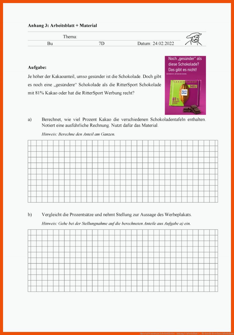 Material Prozentsatz ArbeitsblÃ¤tter - Anhang 3: Arbeitsblatt + ... für anteile berechnen arbeitsblatt