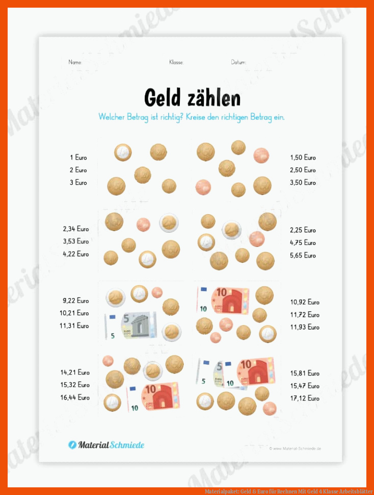 Materialpaket: Geld & Euro für rechnen mit geld 4 klasse arbeitsblätter