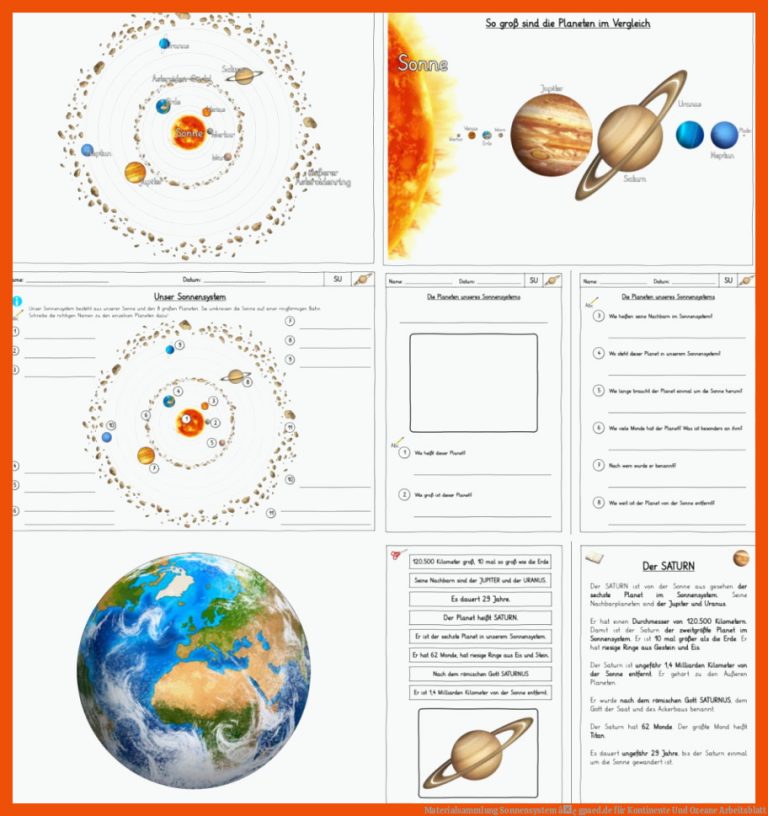 Materialsammlung Sonnensystem â¢ gpaed.de für kontinente und ozeane arbeitsblatt