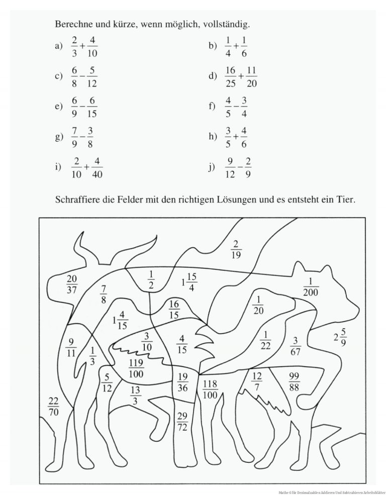 Mathe 6 Fuer Dezimalzahlen Addieren Und Subtrahieren Arbeitsblätter